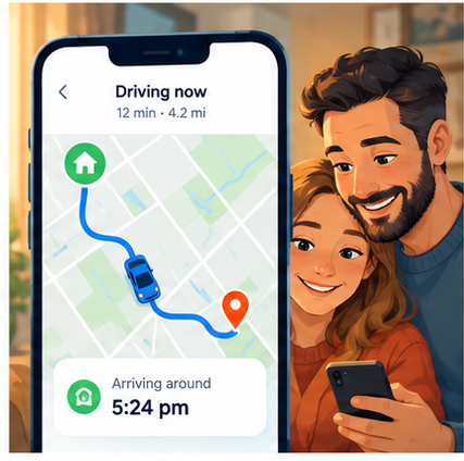 Illustration of a phone map showing a parent and a teenager