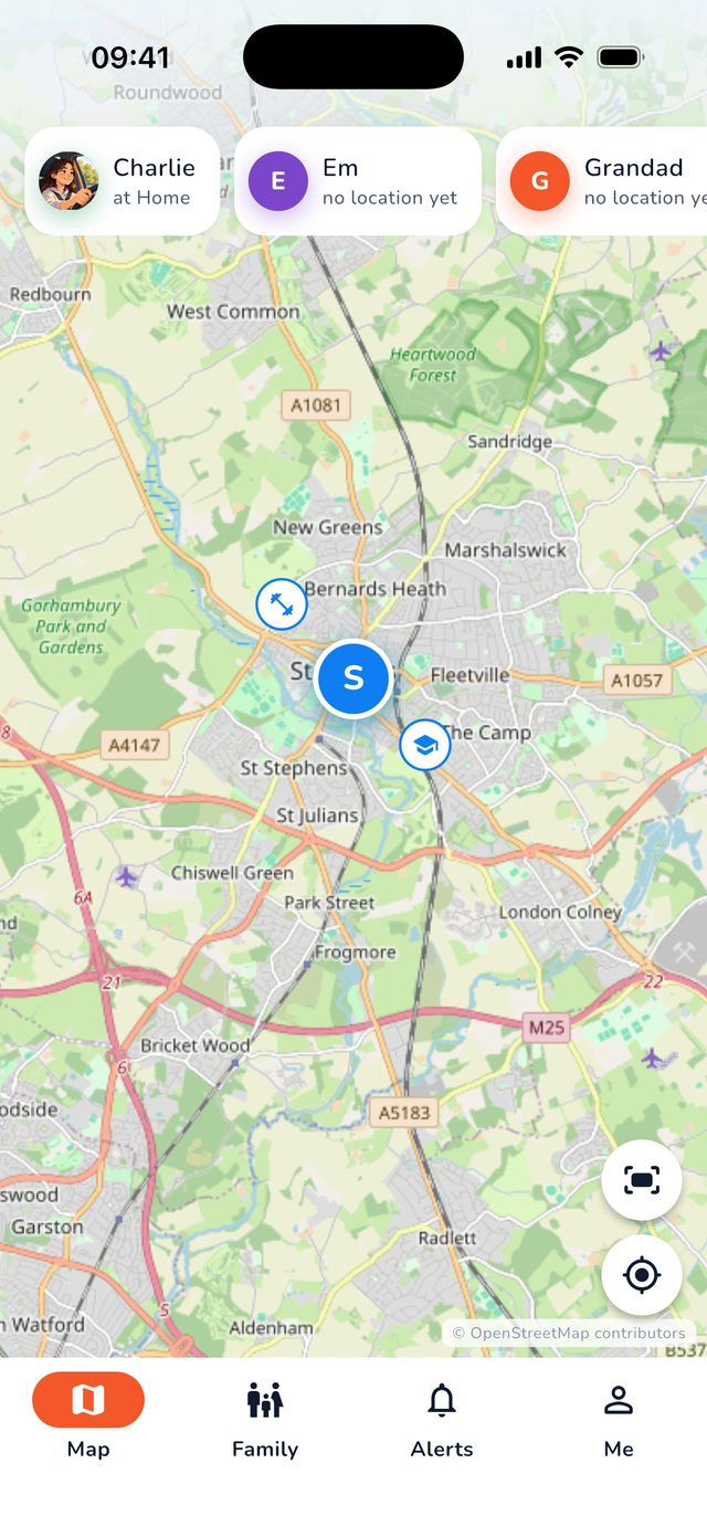 Biting Point family map with members, saved places and the sharing mode shown