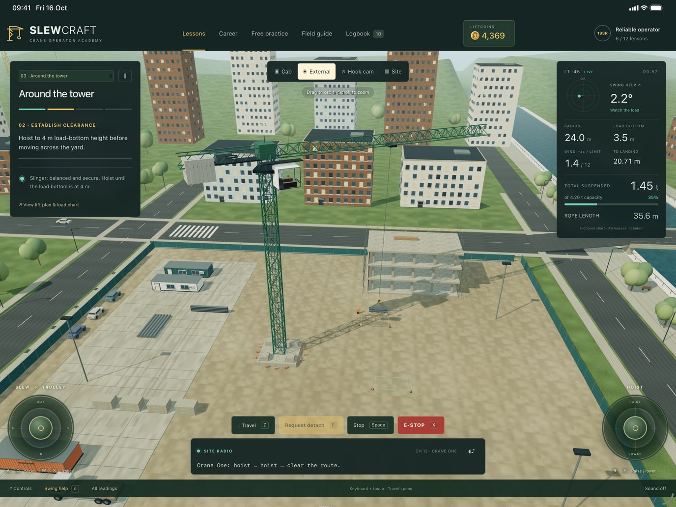 Slewcraft on iPad: a bundle of steel pipes suspended from the hook, slewing across the yard