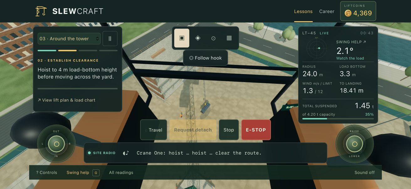 Slewcraft on iPhone: the cab view with a pipe bundle swinging at 2.1 degrees, shown on the swing instrument